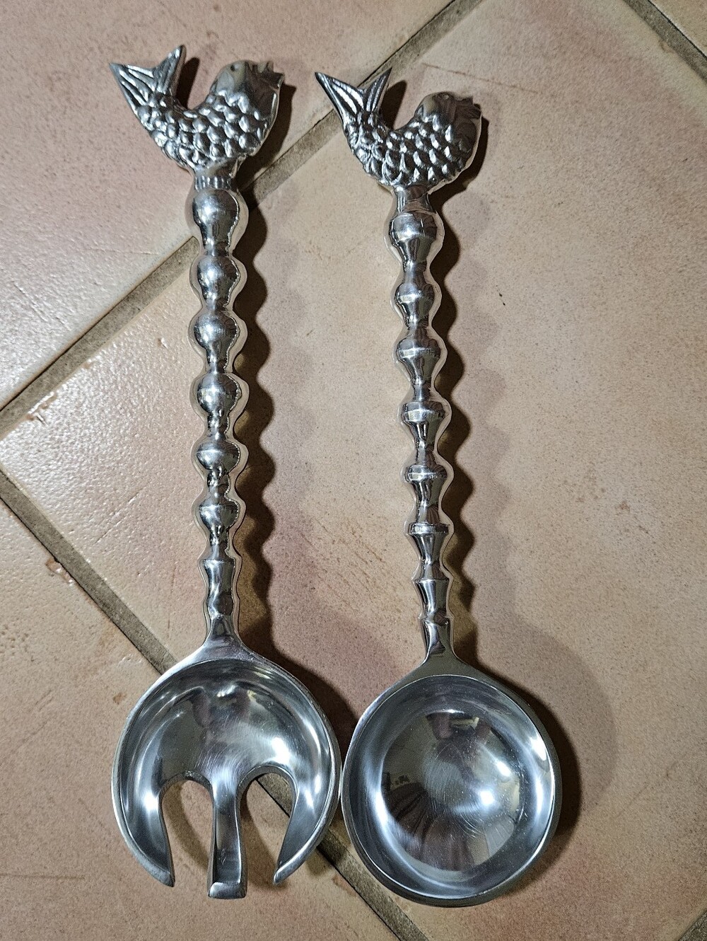 Salad Serving Spoon & Fork With Beaded Handle And Fish - Picture 1 of 6